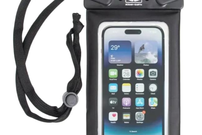 Smartphone in a black waterproof pouch with a neck strap.