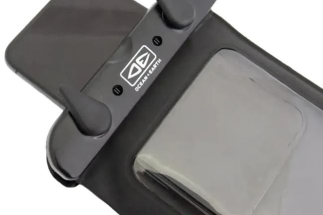 Close-up of a black waterproof phone case with Ocean & Earth logo.